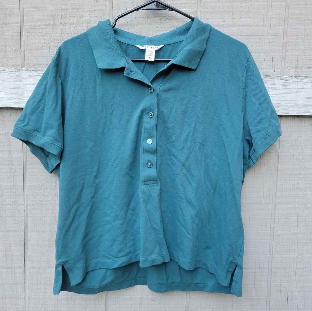 Athleta On The Go Pique Short Sleeve Polo Blouse Preppy Athletic Shirt XL